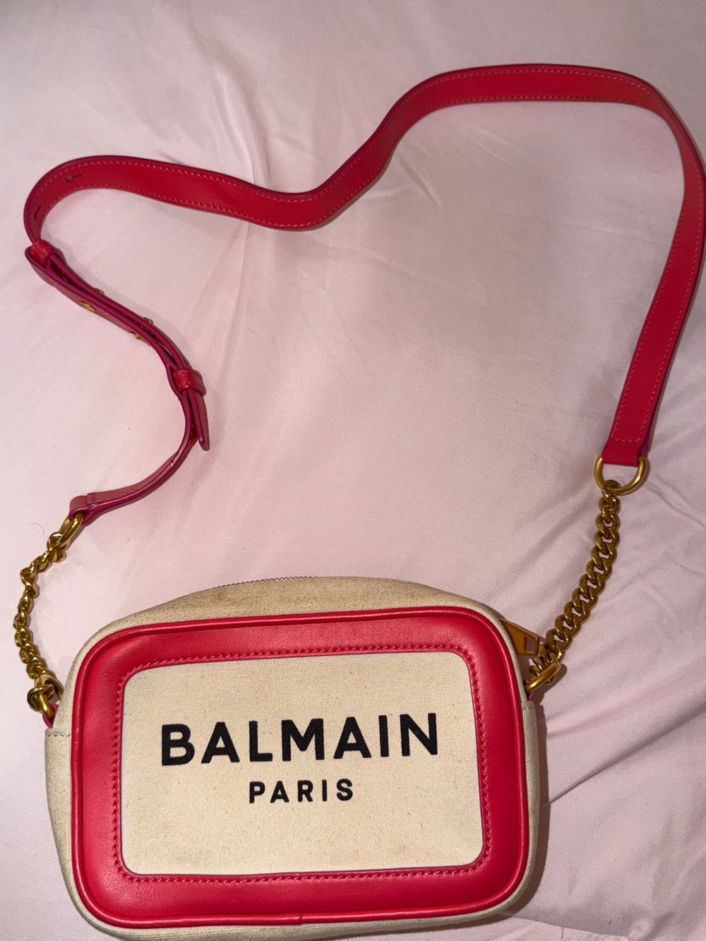 Authentic Balmain B-Army 18 Logo Camera Crossbody Bag Pink Canvas Leather Italy